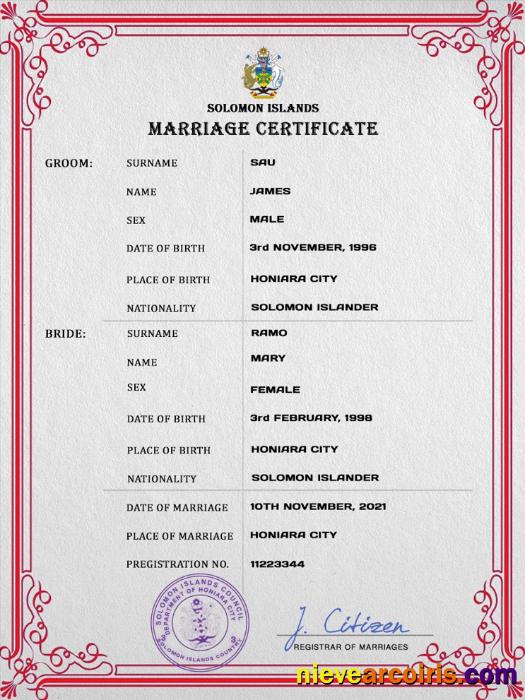 Solomon Islands marriage certificate